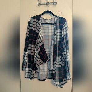 LuLaRoe Black and White Plaid Cardigan with Red Accents